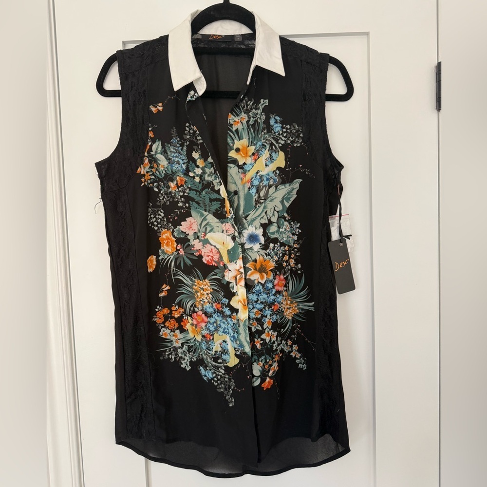 NWT Dex Floral Sheer Sleeveless Blouse M Summer Vacation Feminine Boho Black - Picture 2 of 6